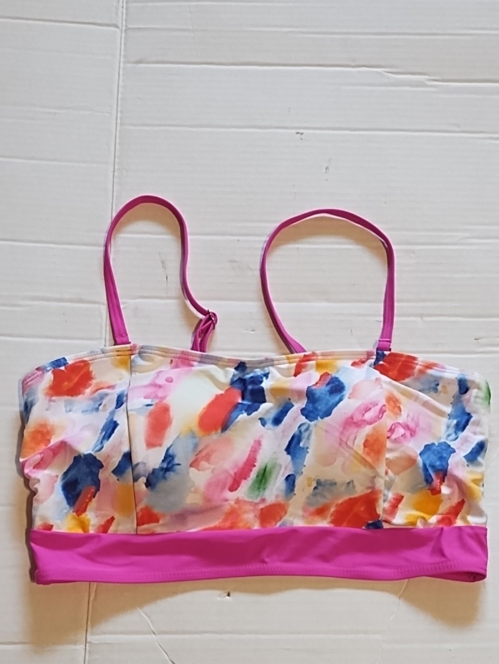 Colorful Watercolor Print Bikini Top with Pink Trim (S )